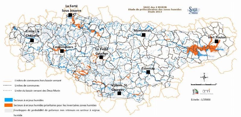 Carte des secteurs à enjeux humides et des secteurs à enjeux humides prioritaires pour les inventaires du bassin versant des Deux Morin